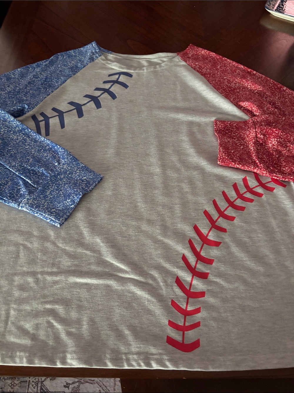 Women’s Baseball Stitch Raglan Long Sleeve Tee - Gray, Red & Blue